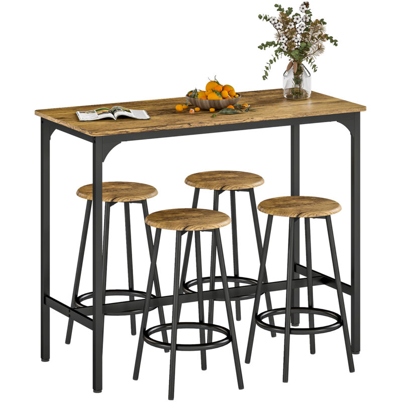 Ensemble table de bar 4 tabourets style industriel métal noir aspect bois vieilli