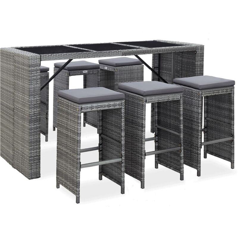 Design In - Ensemble Table de bar + 6 Chaises de bar de jardin - Table Haute avec 6 Tabourets et coussins Résine tressée Gris BV133816