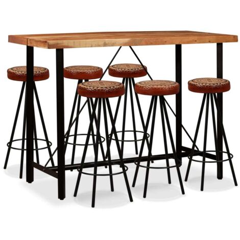 Ensemble Table de bar + 6 Chaises de bar - Table Haute avec 6 Tabourets Bois d'acacia Cuir véritable et toile BV206057 - BonneVie