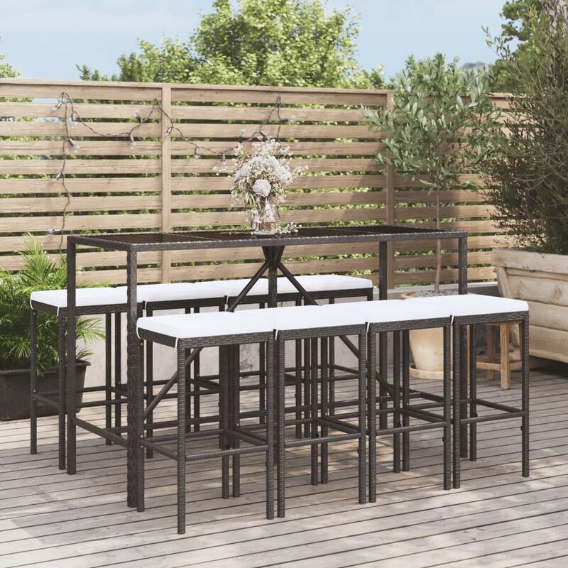 Ensemble Table de bar + 8 Chaises de bar de jardin - Table Haute avec 8 Tabourets avec coussins noir poly rotin BV815482