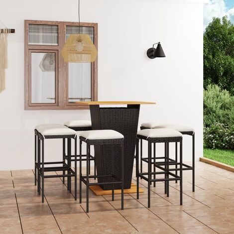 Ensemble Table de bar + 8 Chaises de bar de jardin - Table Haute avec 8 Tabourets et coussins Résine tressée Noir BV376134 - BonneVie