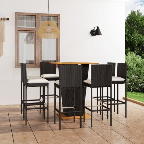 Ensemble Table de bar + 8 Chaises de bar de jardin - Table Haute avec 8 Tabourets et coussins Résine tressée Noir BV968164 - BonneVie