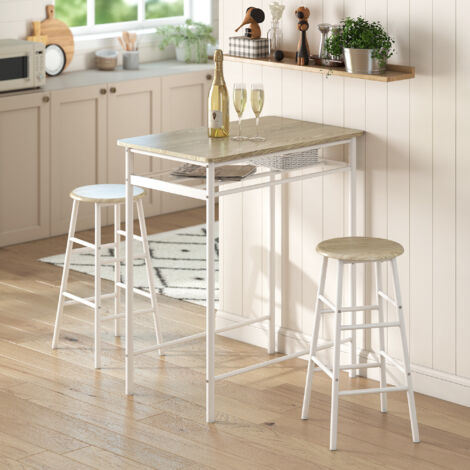 Ensemble table de bar avec tabourets. table à manger debout avec 2 chaises. étagère et pieds en métal. 80x50x90cm. blanc