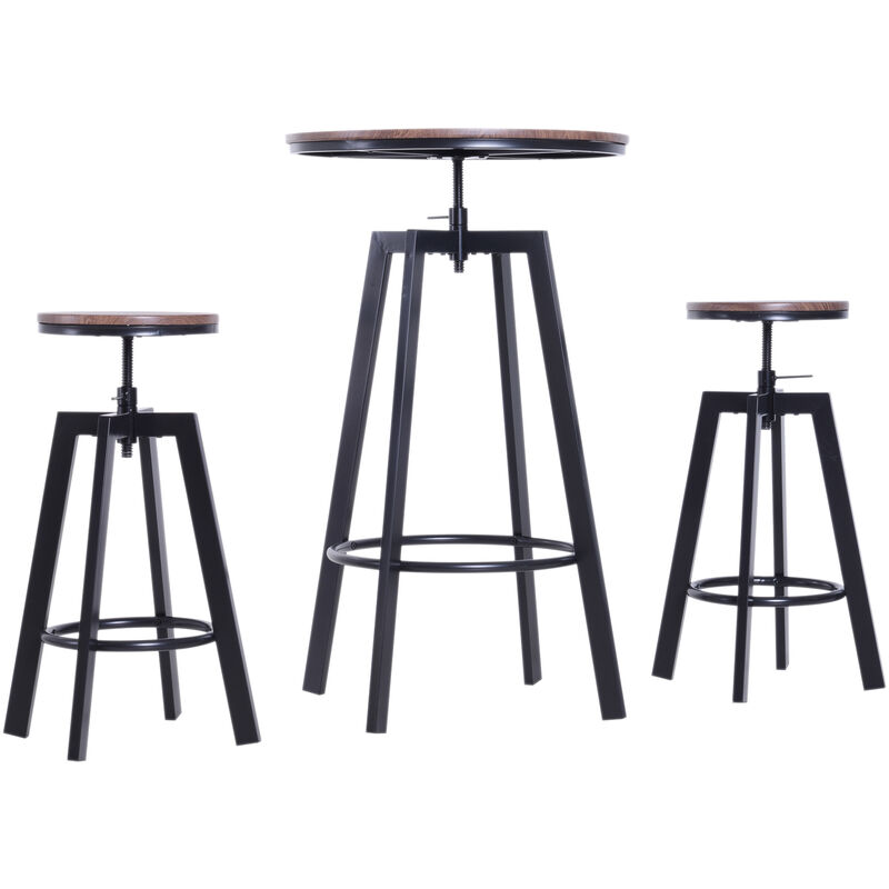 ensemble table de bar design industriel + 2 tabourets hauteur reglable mdf coloris bois noyer acier noir