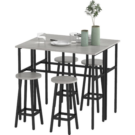 Ensemble Table de Bar Design Industriel 6 Pièces, 2 Tables + 4 Tabourets, Gris et Noir