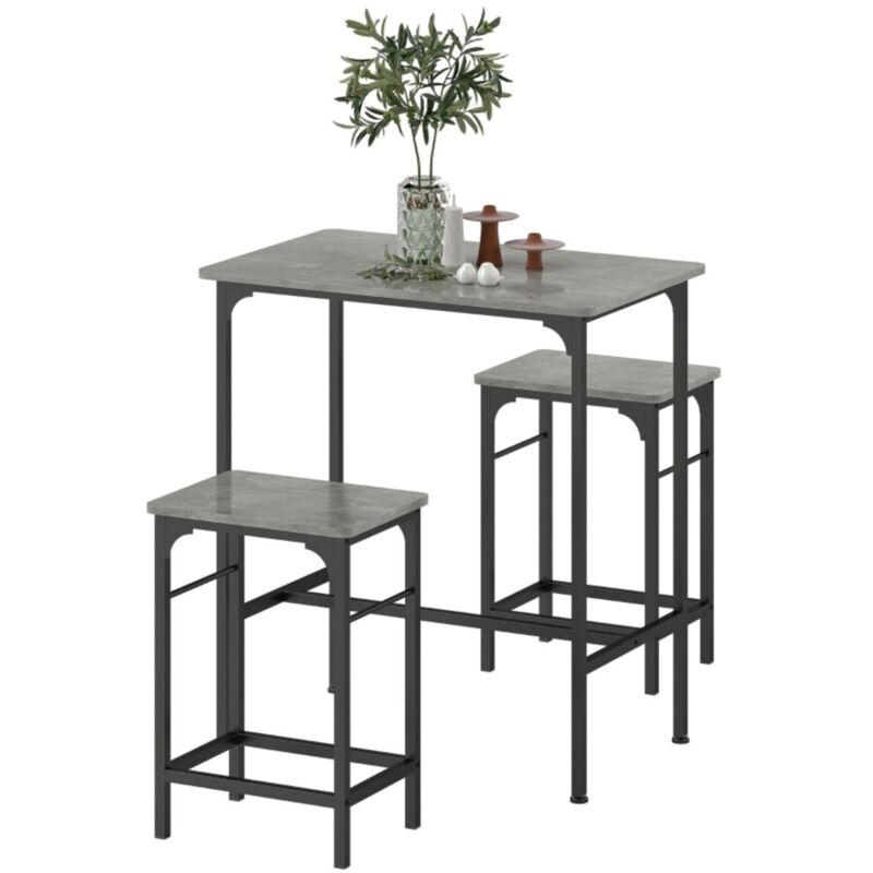 Ensemble table de bar grise - Table + 2 tabourets avec repose-pieds antidérapants - Cuisine/salle à manger
