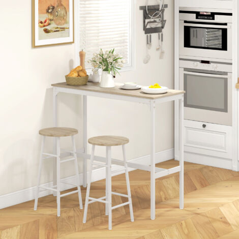 Ensemble Table de Bar Haute Lot de 2 Tabourets Acier Bois Naturel 2 Places Blanc