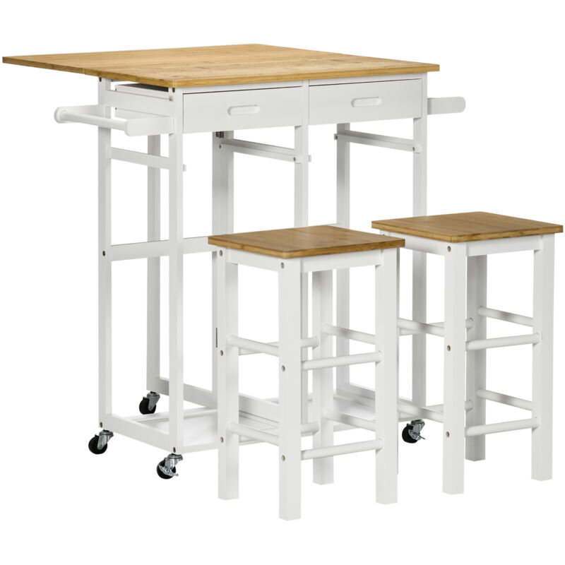 Homcom – Table haute pliable sur roulettes avec 2 tiroirs – 2 tabourets en bambou verni – Dimensions table 86L x 75,5l x 83,5H cm