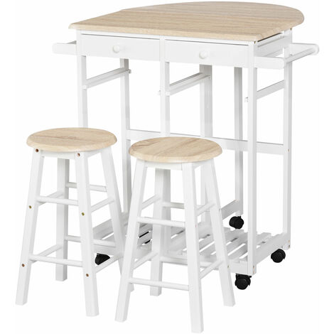 Ensemble table de bar pliable sur roulettes avec étagère et 2 tiroirs + 2 tabourets bois pin MDF blanc chêne clair - Beige