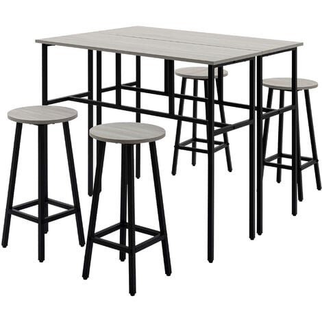 Ensemble table de bar style industriel 6 pièces - 2 tables, 4 tabourets - acier noir panneaux particules aspect bois gris - Gris