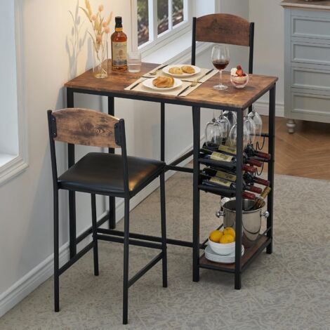 Ensemble Table de Bar,Table a Manger avec 2 Chaises Rembourrées,Table de Cuisine avec 3 Étagères,Table de Bar Métallique avec Ensemble de Tabourets de Bar,Table de Bistrot pour Cuisine(Marron)