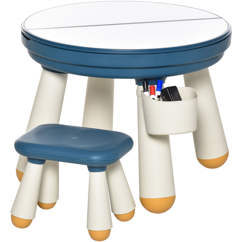 Ensemble table de construction multi-activités pour enfant avec tabouret ø 63 x 49H cm bleu et blanc - Bleu - Homcom