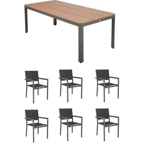 Ensemble table de jardin 200x90x75cm + 6 fauteuils gris - MIMIZAN
