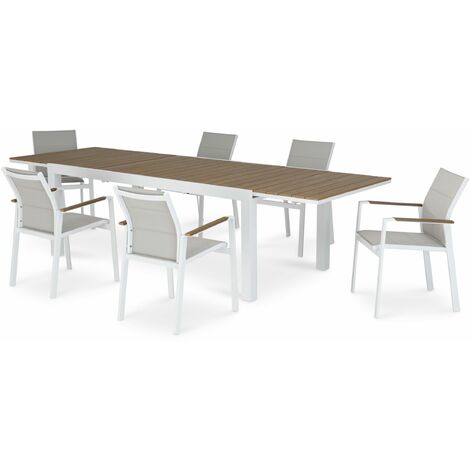 Ensemble table de jardin 300/200x100 cm et 6 chaises aluminium blanc et textilène capitonné - Osaka