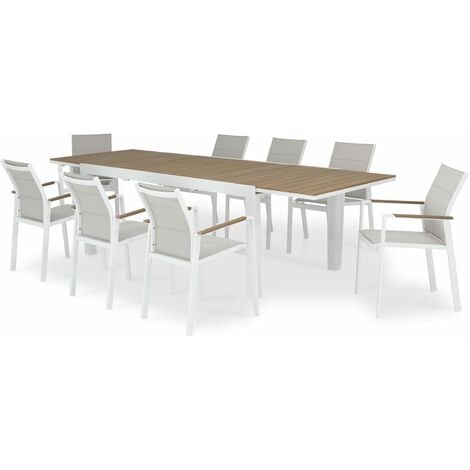 Ensemble table de jardin 300/200x100 cm et 8 chaises aluminium blanc et textilène capitonné - Osaka