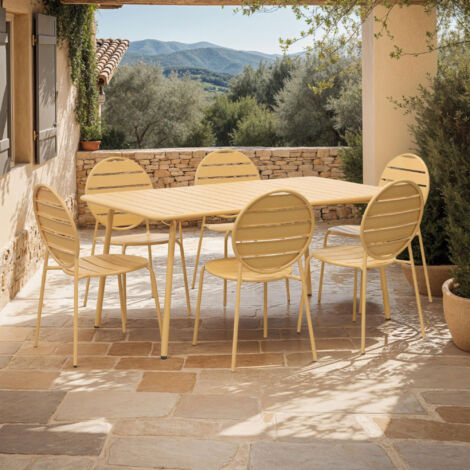 Ensemble table de jardin + 6 chaises rondes en métal moutarde - BACA