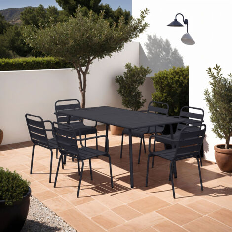 Ensemble table de jardin + 6 fauteuils en métal gris - BACA