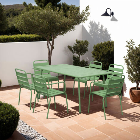 Ensemble table de jardin + 6 fauteuils en métal vert - BACA