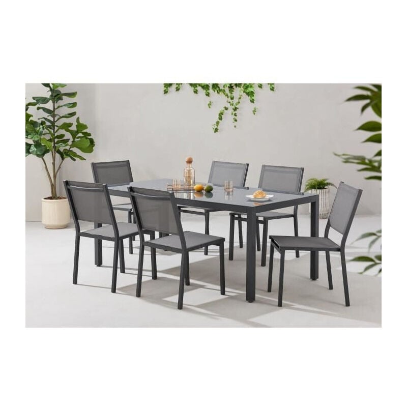 Ensemble table de jardin 6 personnes : Table + 6 chaises - Structure en aluminium - L180 x P 90 x H 72 cm - Gris anthracite