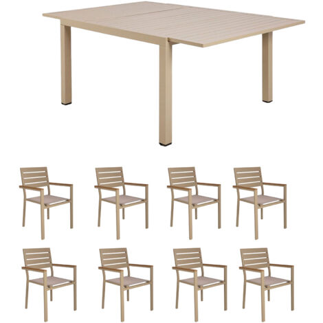 Ensemble table de jardin carrée 120/180cm + 8 fauteuils crème
