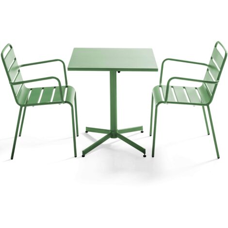 Ensemble table de jardin carrée et 2 fauteuils métal vert cactus  - Palavas
