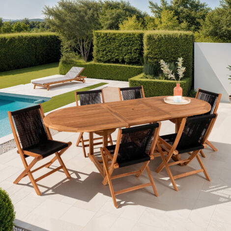 Ensemble table de jardin en teck + 6 chaises en corde - GARDENA