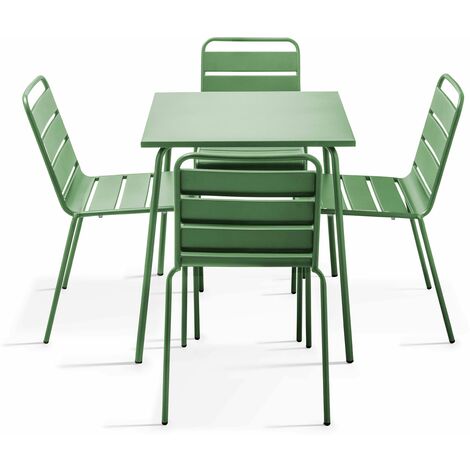 Ensemble table de jardin et 4 chaises en métal vert cactus - Palavas