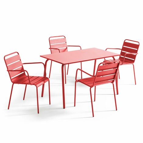 Ensemble table de jardin et 4 fauteuils en métal rouge - Palavas