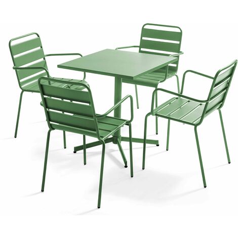 Ensemble table de jardin et 4 fauteuils en métal vert cactus - Palavas