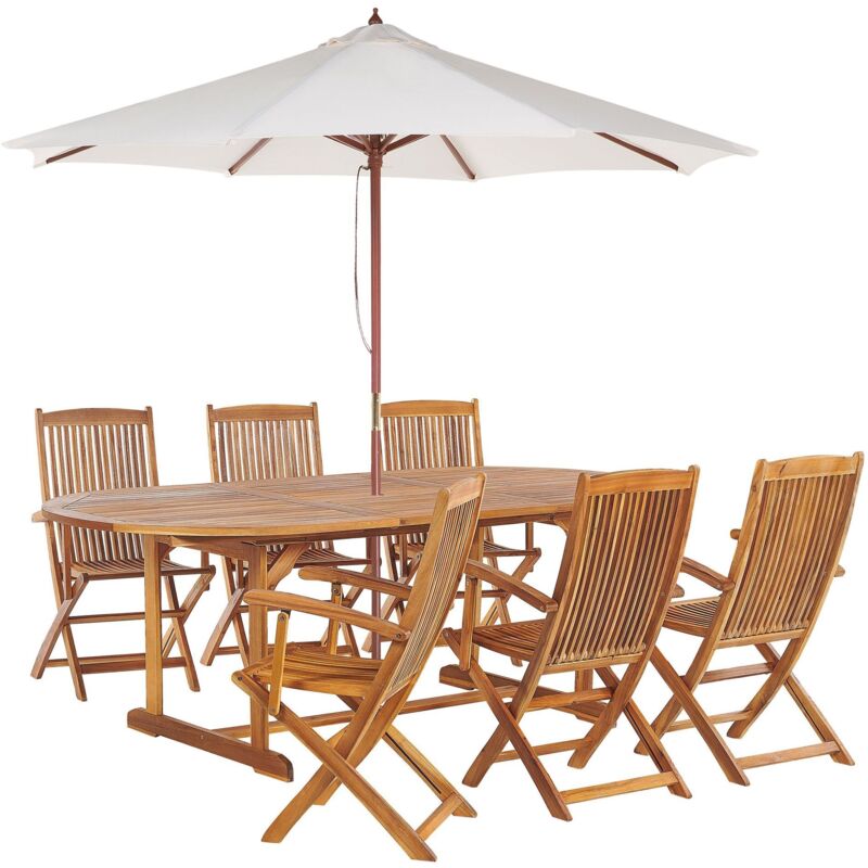 Ensemble Table de Jardin et 6 Chaises avec Parasol au Choix en Bois d'Acacia Clair Maui