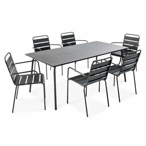 Ensemble table de jardin et 6 fauteuils en métal gris - Palavas