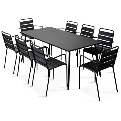 Ensemble table de Jardin et 8 fauteuils en métal noir - Palavas