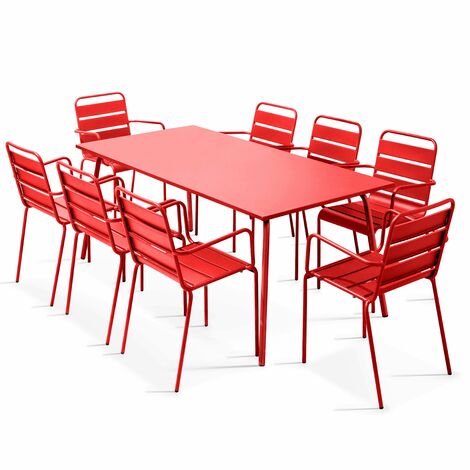 Table de jardin rectangulaire 180 x 90 cm et 8 chaises avec accoudoirs en métal - Plusieurs coloris disponibles