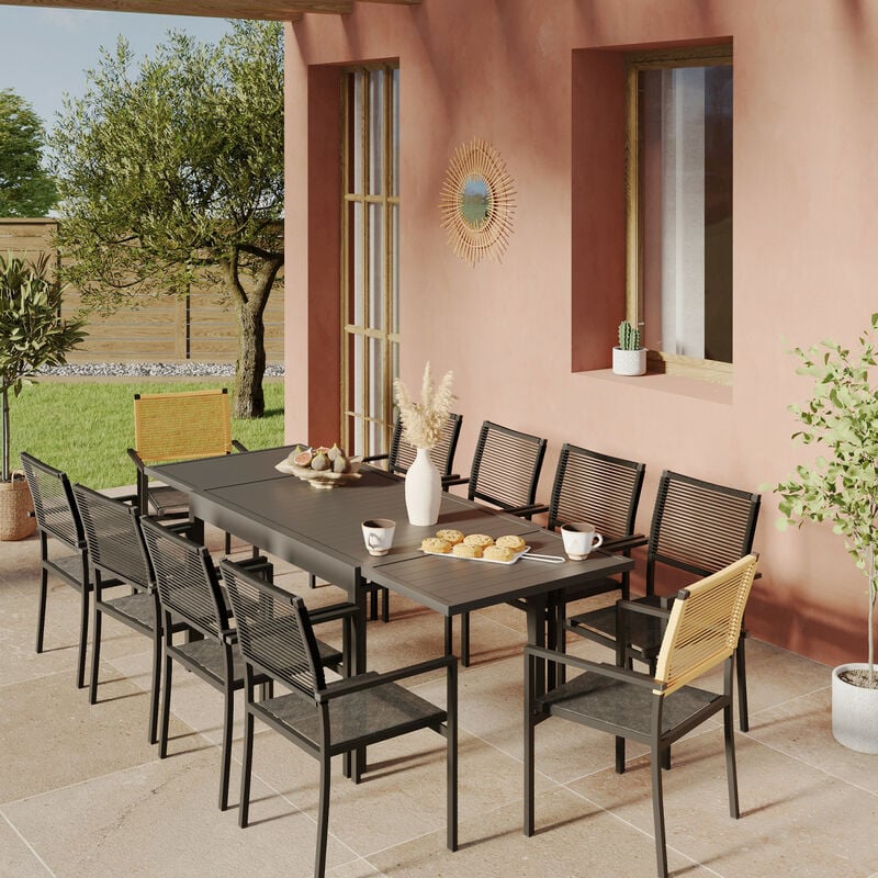 Ensemble Table de jardin extensible aluminium 135/270cm + 10 Fauteuils empilables corde Anthracite et Beige -YERAZ - Anthracite