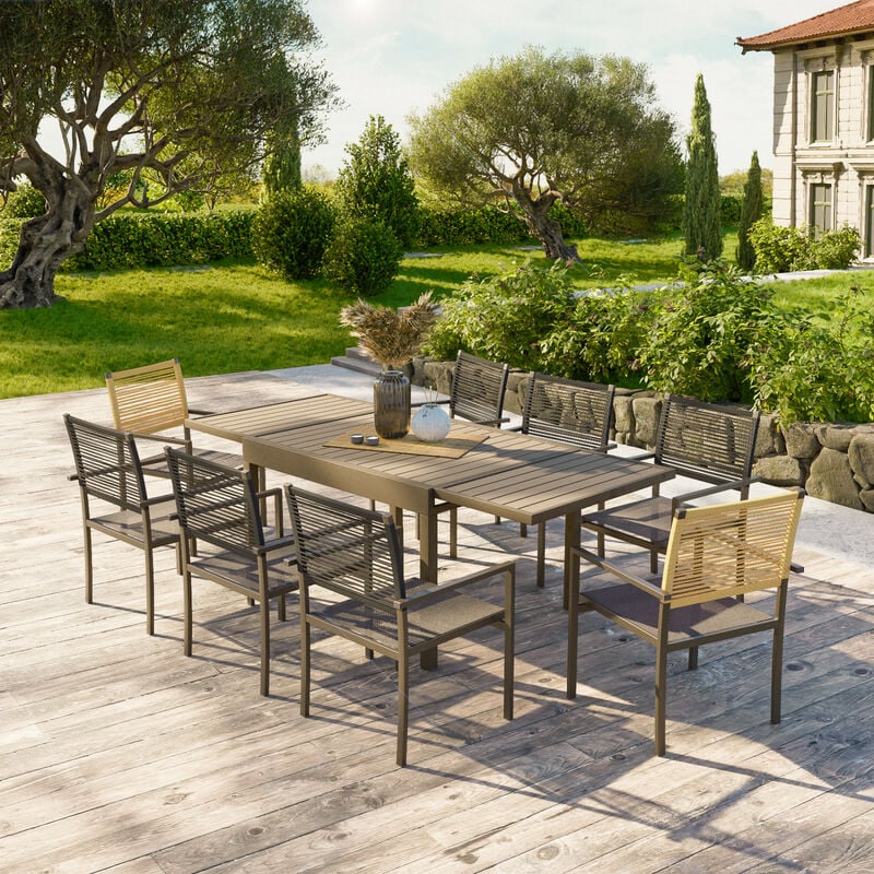 Ensemble Table de jardin extensible aluminium 135/270cm + 8 Fauteuils empilables corde Anthracite et Beige -yeraz 8 - Anthracite