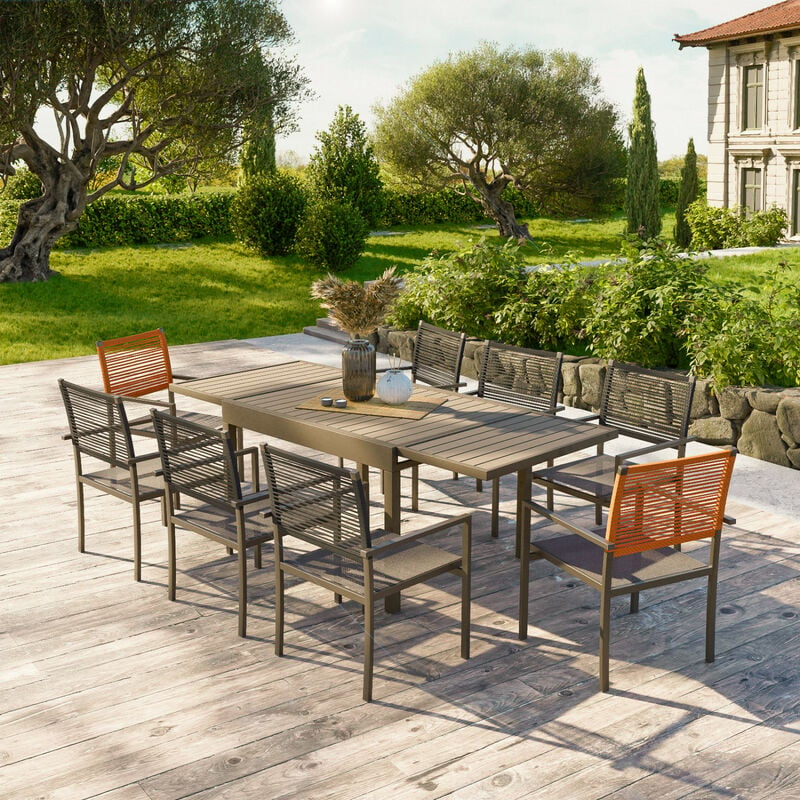 Ensemble Table de jardin extensible aluminium 135/270cm + 8 Fauteuils empilables corde Anthracite et orange - yeraz 8 - Anthracite