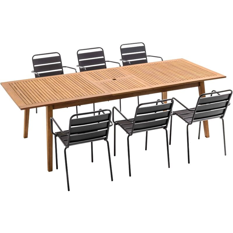 Oviala - Ensemble table de jardin extensible en bois exotique et 6 fauteuils - Marron
