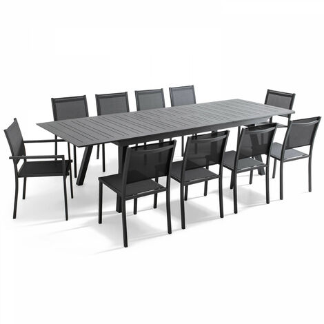 Ensemble table de jardin extensible et 10 chaises en aluminium gris