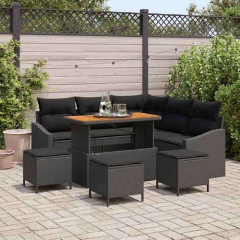 Ensemble Table de Jardin Noir 80x80cm avec 2 Chaises en Résine Tressée et Coussins Crème - 3 Pièces