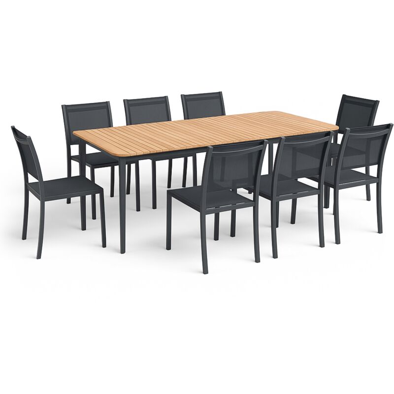 Table de jardin en aluminium/teck et 8 fauteuils