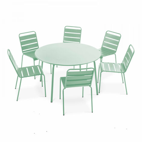 Ensemble table de jardin ronde et 6 chaises en métal vert sauge - Palavas