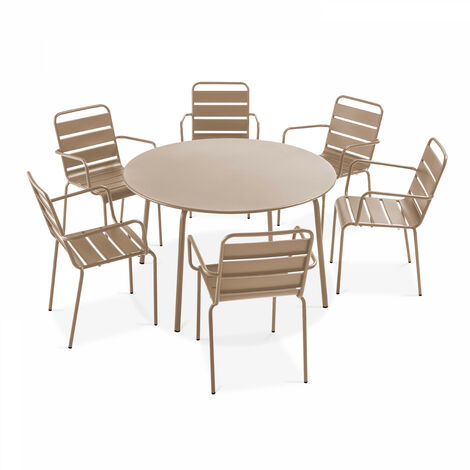 Ensemble table de jardin ronde et 6 fauteuils acier taupe  - Palavas