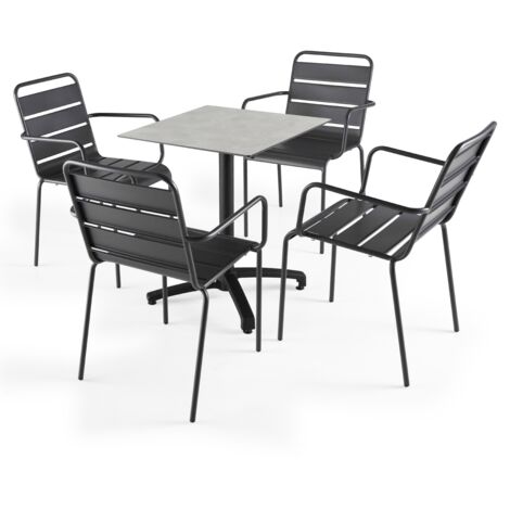 Table de jardin carrée inclinable 60 x 60 cm en HPL et 4 chaises avec accoudoirs en métal