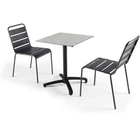 Table de jardin bistrot carrée 60 x 60 cm inclinable HPL et 2 chaises avec accoudoirs en métal