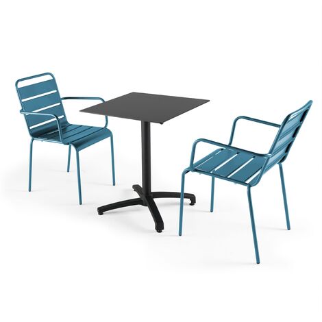 Table de jardin bistrot carrée ardoise gris foncé 60 x 60 cm inclinable HPL et 2 chaises avec accoudoirs en métal