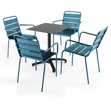 Table inclinable 60 x 60cm HPL et 4 chaises avec accoudoirs en métal