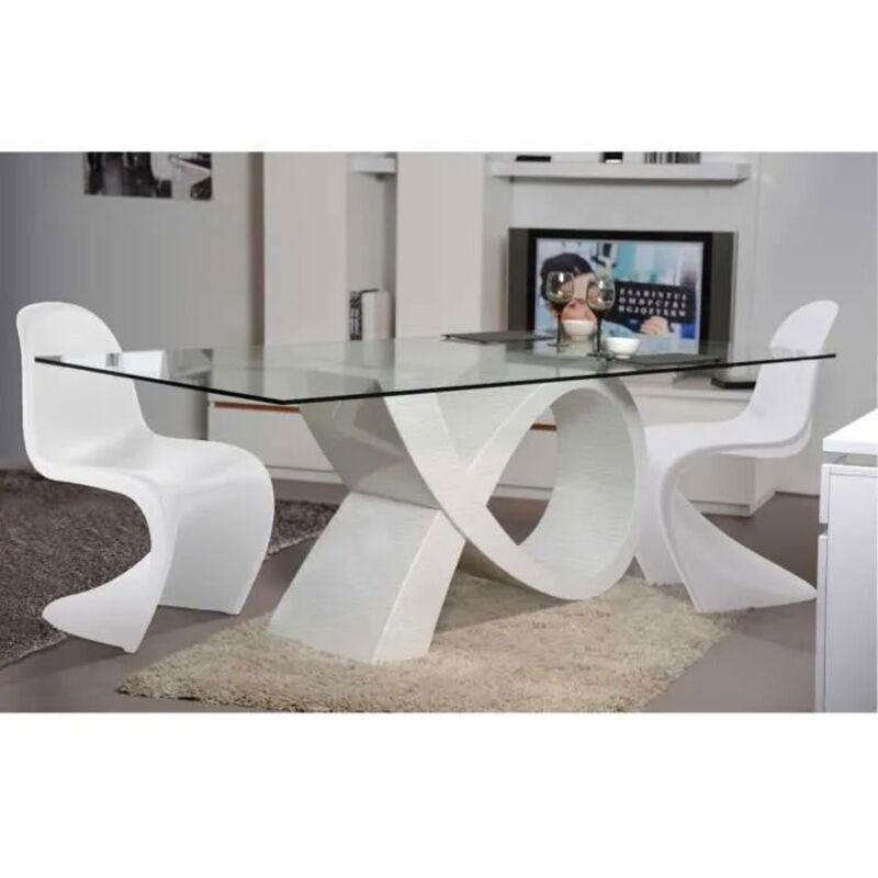 Ensemble table de repas 6 chaises PopArt – Plateau en verre trempé – Structure en MDF blanc – Design contemporain pour 6 personnes