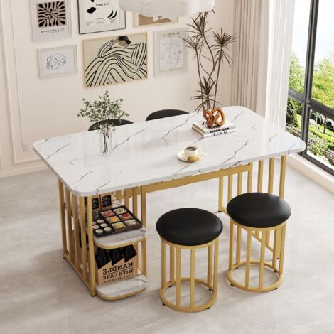 DANS LES NUAGES Ensemble table de salle à manger, 4 places, avec table en imitation marbre, 4 chaises en similicuir, table avec rangement, Style Moderne - blanc