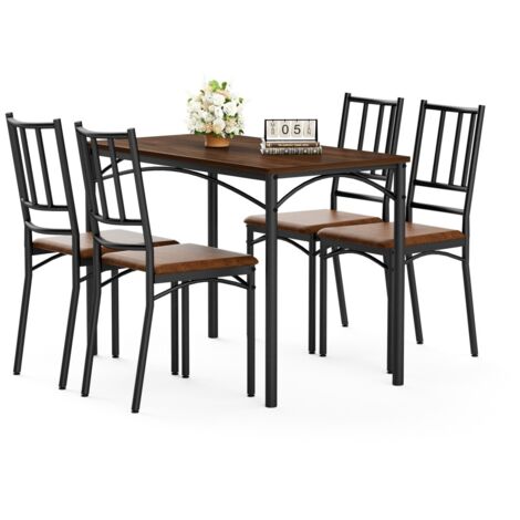 Ensemble table de salle à manger industrielle 110x60x76,5 cm + 4 chaises, bois noyer, pour cuisine, salon et petit-déjeuner