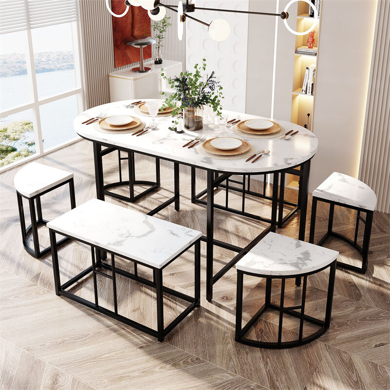 fortuna lai - ensemble table de salle à manger(140x70cm) et 6 chaises - table et chaises en mdf blanc et cadre en fer,tables et chaises de luxe